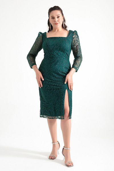 Lafaba Women's Emerald Green Square Collar Glitter Plus Size Midi Evening Dress