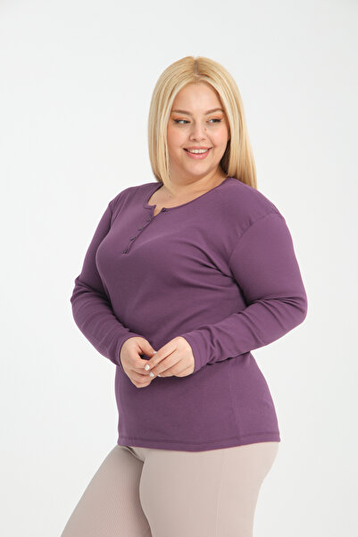 BANEGA Βαμβακερή μπλούζα Curve Plus Size ελαστικό ύφασμα με λεπτομέρεια με κουμπιά με λαιμόκοψη, βασική μονόχρωμη μωβ μπλούζα