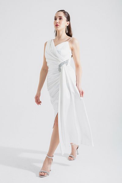 Lafaba Weißes, einschultriges Midi-Abendkleid für Damen mit Schmucksteinen