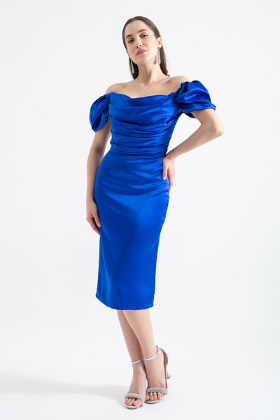 Lafaba Women's Saks Boat Neck Slit Satin Evening Dress