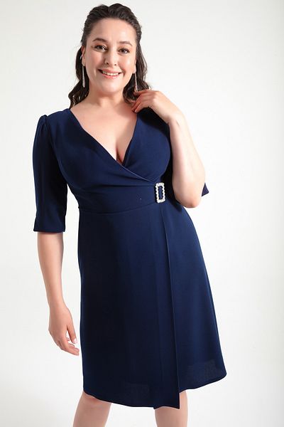 Lafaba Women's Navy Blue V-Neck Large Size Evening Dress with Ornamental Belt