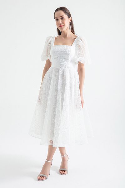 Lafaba Rochie de seară midi argintie cu mânecă balon pentru femei
