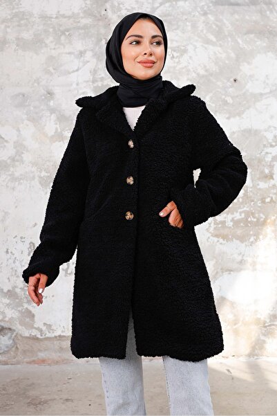 Bestenur Çift Cepli Tesettür Peluş Kap 1245 - Siyah