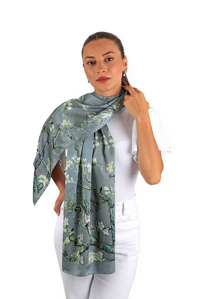Bursa İpek Gray Almond Flower Silky Scarf