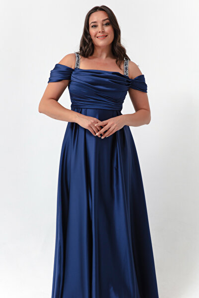 Lafaba Női sötétkék kőpántos, nagy méretű, drapériás, hosszú estélyi ruha