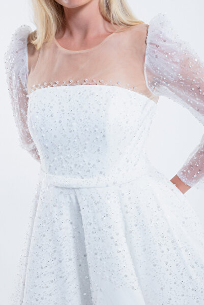 Lafaba Kadın Beyaz Kloş Kesim Simli Midi Abiye Elbise