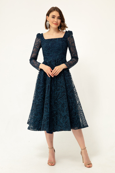 Lafaba Women's Navy Blue Square Neck Silvery Evening Dress