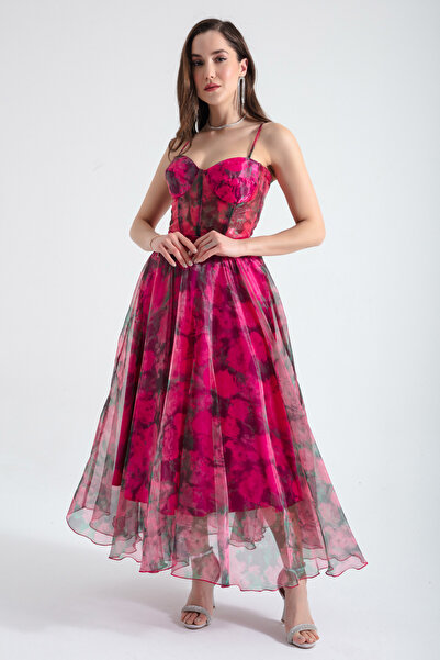 Lafaba Női fukszia design organza estélyi ruha