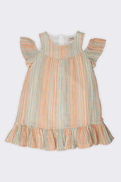Panço Kız Çocuk Çizgi Desenli Oranj Elbise