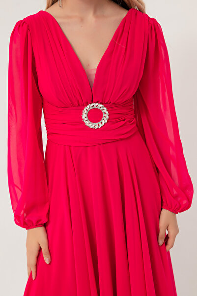 Lafaba Női fukszia kőből készült öves, kiszélesedő estélyi ruha