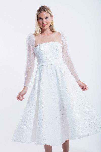 Lafaba White Glitter Midi Evening Dress - Flared Cut Women's Dress