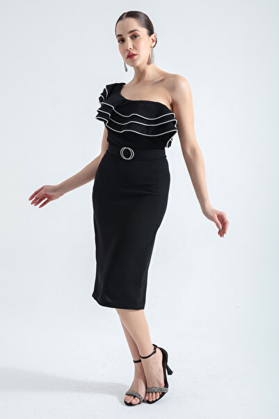 Lafaba Dámské černé noční midi šaty s volánem na jedno rameno