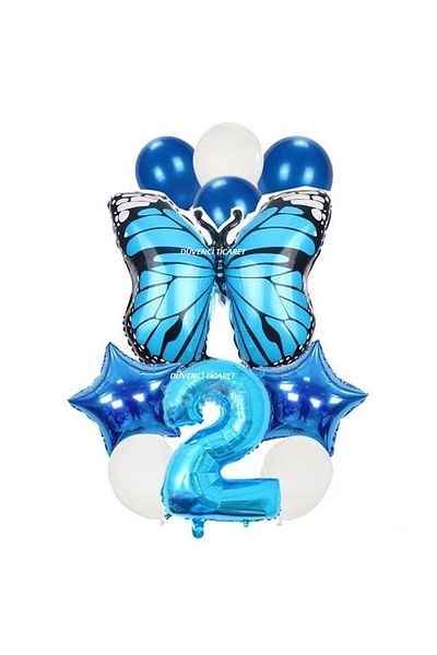 DÜVENCİ TİCARET Blue Butterfly Foiled Age Balloon Set