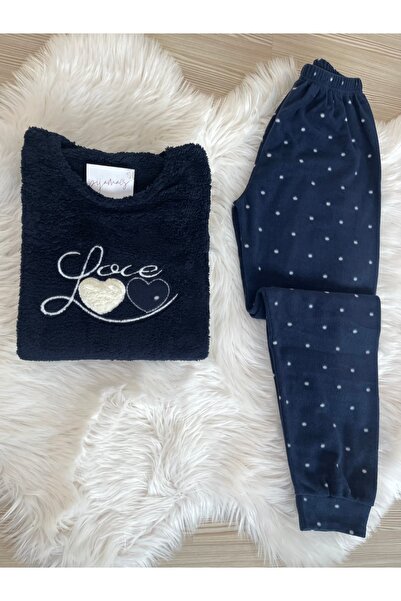 Pijamacs Sötétkék szív mintás polár pizsama szett