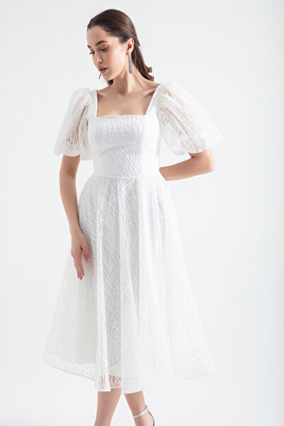 Lafaba Dámské bílé večerní šaty Midi s balonovým rukávem