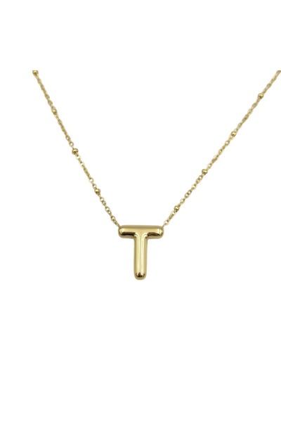 Güler Yüzlü Silver Gold Colored Steel Ball Chain Detailed Letter T Necklace