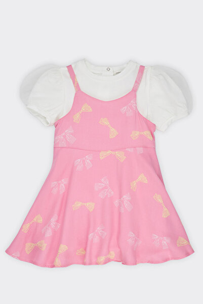 Panço Kız Bebek Desenli İki Parçalı Pembe Elbise