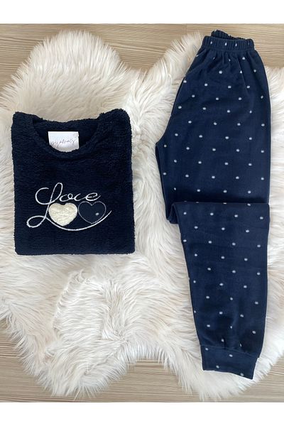Pijamacs Sötétkék szív mintás polár pizsama szett
