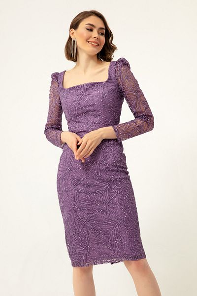 Lafaba Women's Lavender Square Collar Glitter Midi Evening Dress