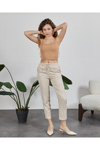 Fibula Beli Lastikli Bilek Üstü Havuç Paça Pantolon