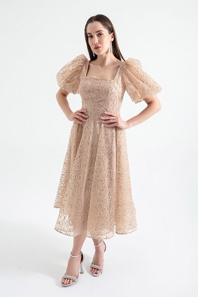 Lafaba Glitzerndes Midi-Abendkleid mit goldenen Ballonärmeln für Damen