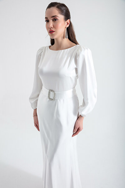 Lafaba Γυναικείο βραδινό φόρεμα μίντι σατέν με λευκή ζώνη