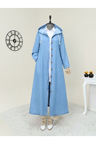 Modamorfo Boydan Düğmeli Kapşonlu Uzun Kot Kap -açık Mavi
