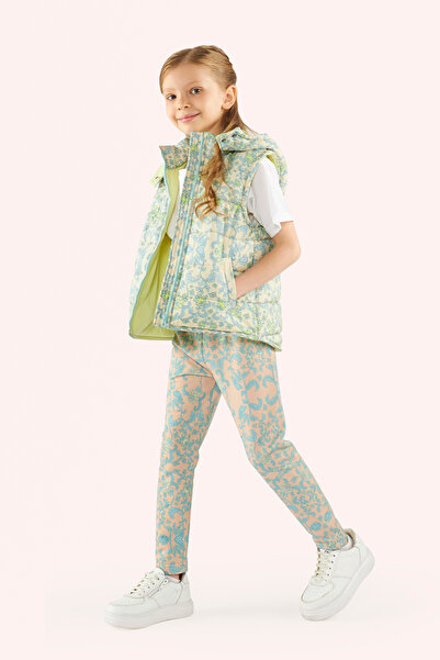 Panço Kız Çocuk Desenli Bej Micro Yelek