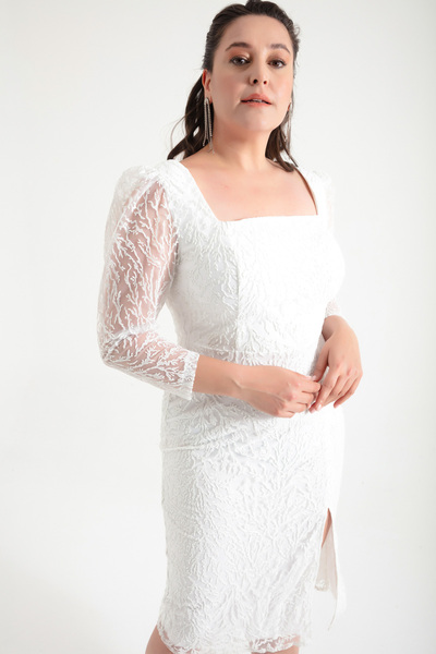 Lafaba Women's White Square Collar Glitter Plus Size Midi Evening Dress