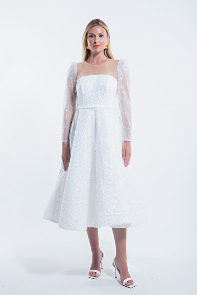 Lafaba Kadın Beyaz Kloş Kesim Simli Midi Abiye Elbise