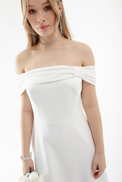 Lafaba Női fehér csónaknyakú Midi estélyi ruha