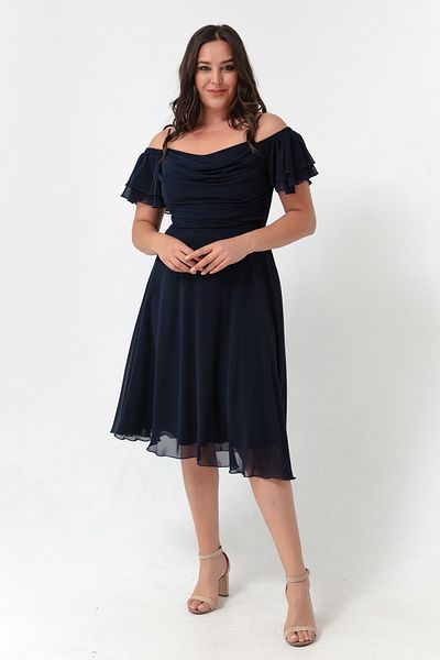 Lafaba Marineblaues, ausgestelltes Midi-Abendkleid für Damen in Übergröße mit Trägern
