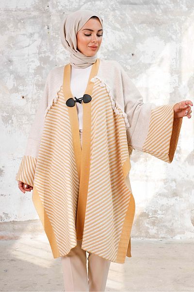 Bestenur Oversize Tasseled Knitwear Poncho 1239 - Stone