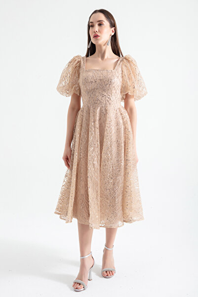 Lafaba Dámské zlaté, třpytivé midi večerní šaty s balonovým rukávem