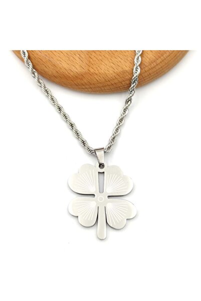 Güler Yüzlü Silver 3 MM BURGU ZİNCİR ÇELİK YONCA KOLYE 65 CM - BEYAZ