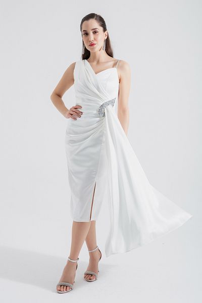 Lafaba Weißes, einschultriges Midi-Abendkleid für Damen mit Schmucksteinen