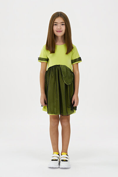 Panço Kız Çocuk File Detaylı Yeşil Elbise