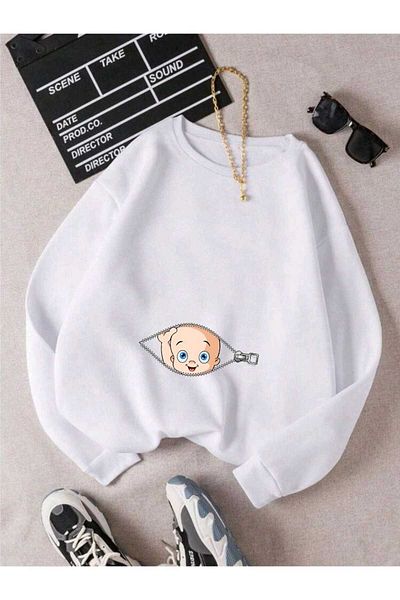 oneagılyazı Women's Zipper Baby Printed Maternity Oversize Crew Neck Sweatshirt