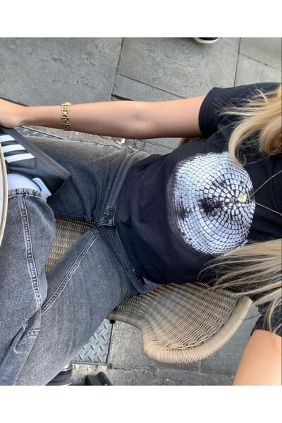 Kalic Studio Tricou alb-negru din bumbac imprimat cu bile disco