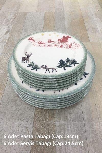 Pinkev 12 Pieces 6 Person New Year Patterned Porcelain Cake and Serving Presentation Plate Set