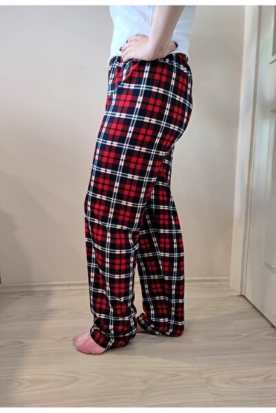 enmodaiçgiyim Navy Blue Square Patterned Suede Women's Pajama Bottoms