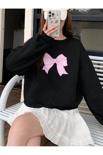 BukuriCO Women's Pink Bow Printed Long Sleeve Crew Neck Sweatshirt