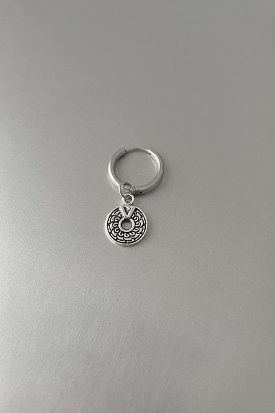 Jaida Moda Unisex Silver Gothic Patterned Dangle Steel Hoop Earrings
