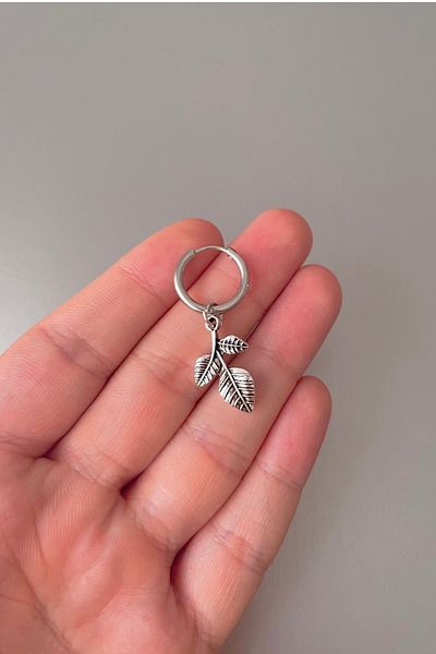 Jaida Moda Unisex Silver Leaf Figured Dangle Steel Hoop Earrings