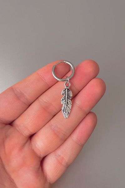 Jaida Moda Unisex Silver Large Feather Figured Steel Hoop Earrings