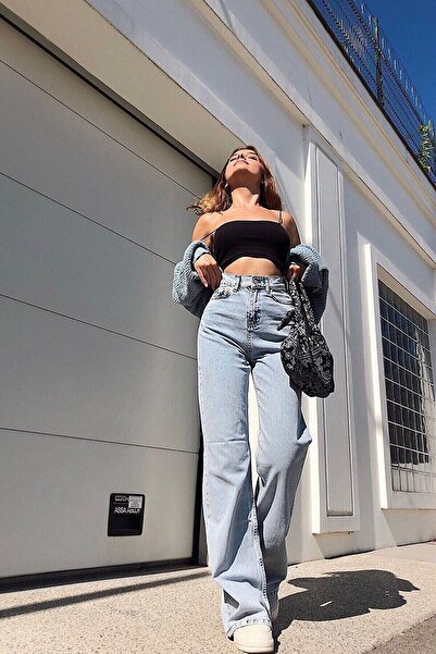 MAKRAS EXCLUSIVE A148023 Women's Blue Snow Wash Super High Waist Lycra Wide Leg Denim Jeans Boyfriend Loose Fit