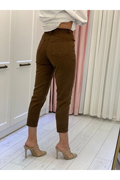 MAKRAS EXCLUSIVE A159300 Ψηλόμεσο τζιν Mom Τζιν καφέ τζιν παντελόνι με στενό πόδι