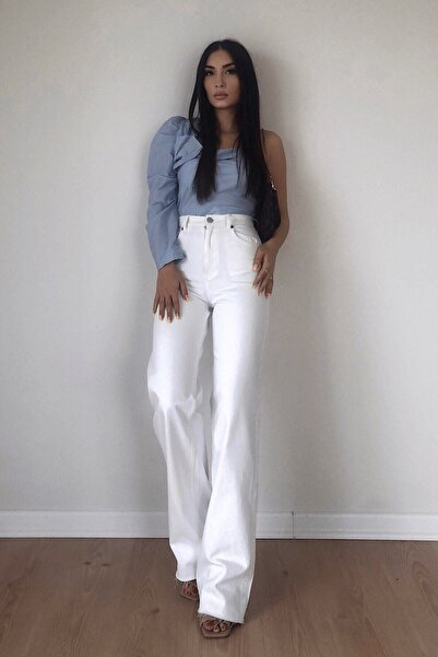 ByCukurovaFrango By-3216 Jeans White High Waist Boyfriend Wide-Leg Denim Pants
