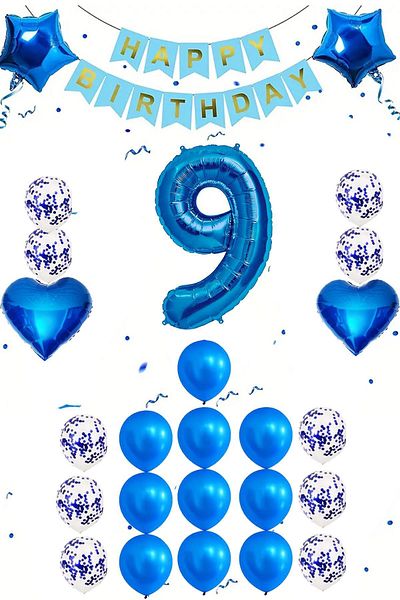 Patladı Gitti 9 Years Old Blue Concept Birthday Set; Heart Star Foil Balloon Set