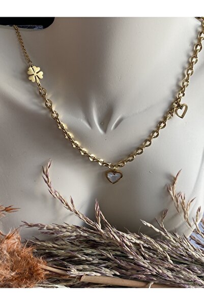 Lucios Şans Kalp-yonca Detaylı Paslanmaz Çelik Kolye (47 CM UZATMA DAHİL)